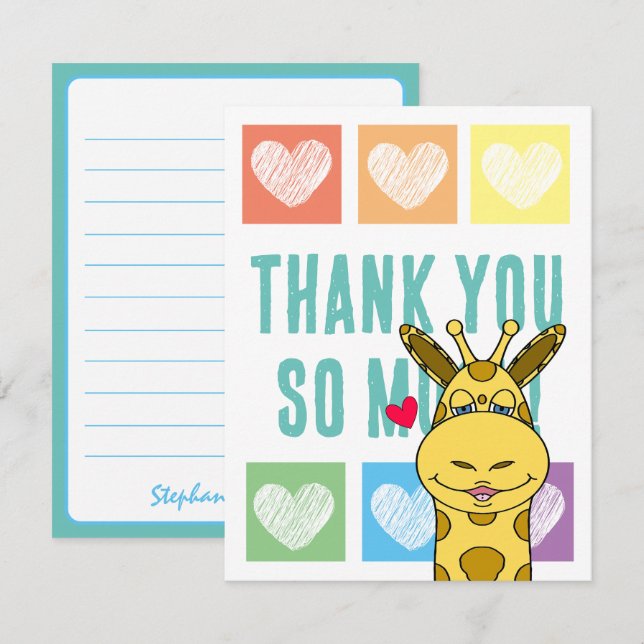 Cute Rainbow Heart Giraffe Thank You  Note Card (Front/Back)
