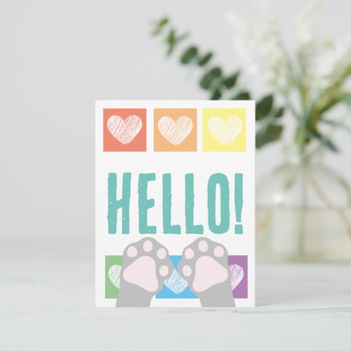 Cute Rainbow Heart Gray Cat Paws Hello Note Card