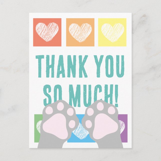 Cute Rainbow Heart Gray Cat Paws Thank You Postcard (Front)