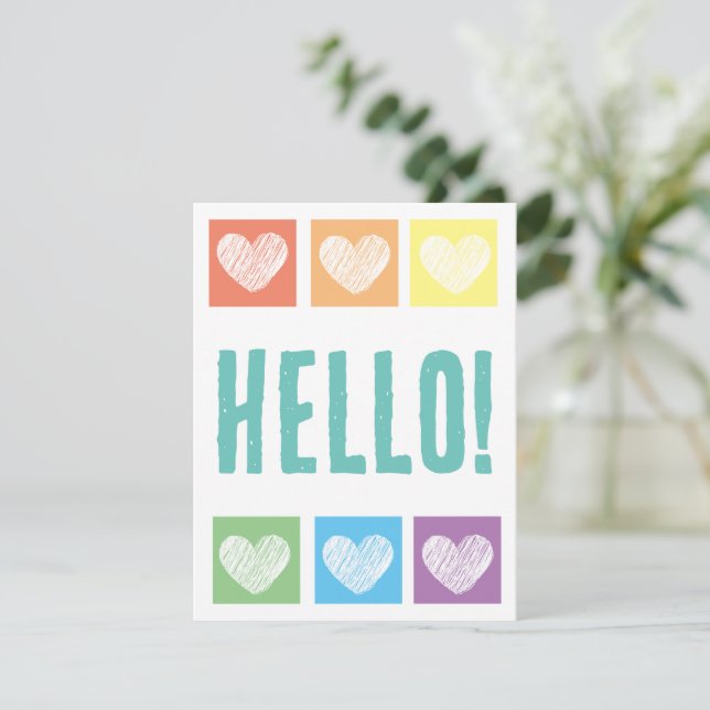 Cute Rainbow Heart Grid Your Name Hello  Note Card (Standing Front)