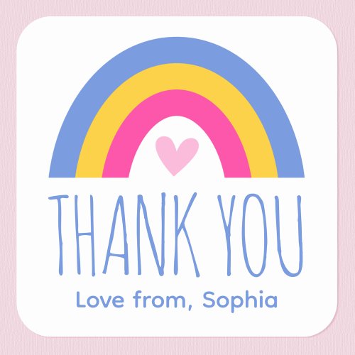 Cute Rainbow Heart Kids Thank You Birthday Blue Square Sticker
