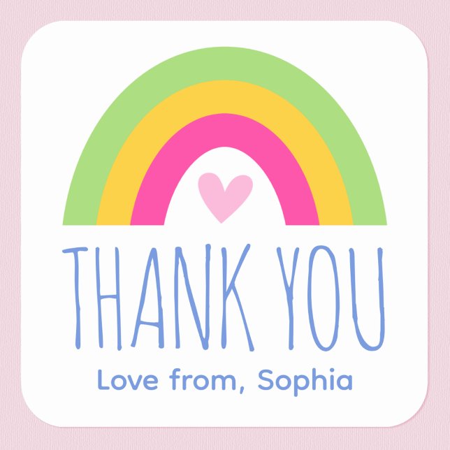 Cute Rainbow Heart Kids Thank You Birthday Party Square Sticker (Creator Uploaded)