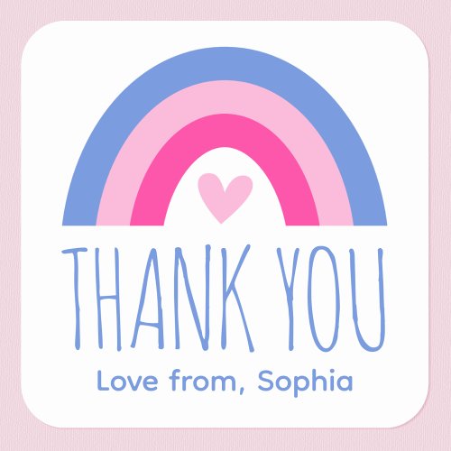 Cute Rainbow Heart Kids Thank You Birthday Pink Square Sticker