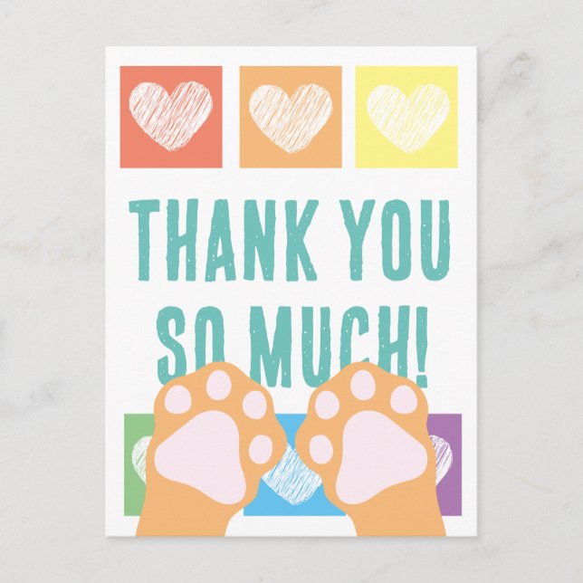 Cute Rainbow Heart Orange Cat Paws Thank You Postcard (Front)