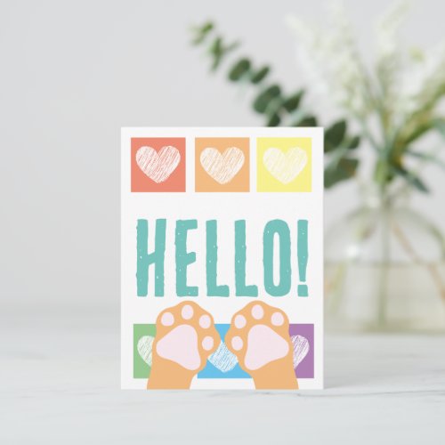 Cute Rainbow Heart Orange Cat Paws Up Hello Note Card