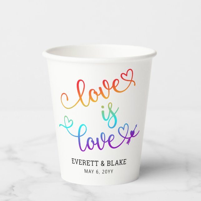 Cute Rainbow Heart Script Love Is Love Wedding Paper Cups (Front)