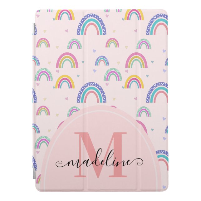 Cute Rainbow Heart Script Monogram Boho Pink iPad Pro Cover (Front)