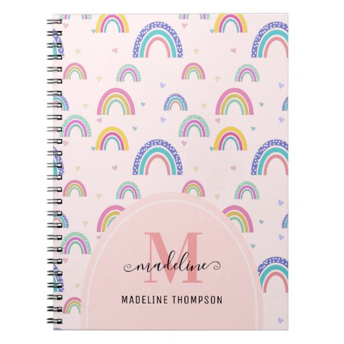 Cute Rainbow Heart Script Monogram Boho Pink Notebook