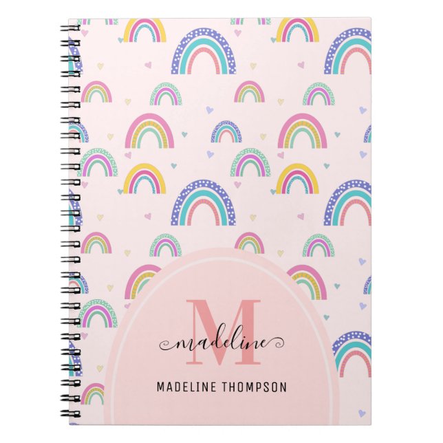 Cute Rainbow Heart Script Monogram Boho Pink Notebook (Front)