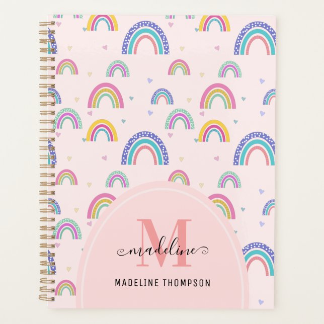Cute Rainbow Heart Script Monogram Boho Pink Planner (Front)