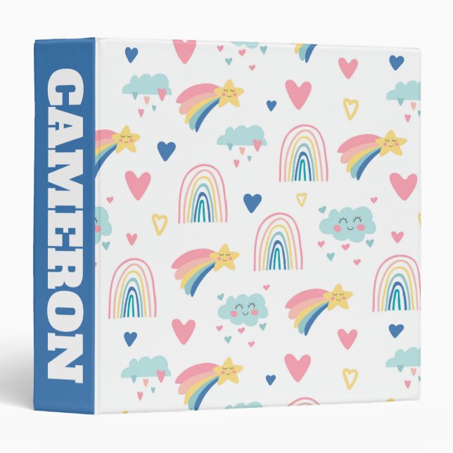 Cute Rainbow Hearts & Clouds Pattern 3 Ring Binder (Front/Spine)