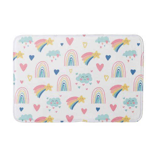 Cute Rainbow Hearts  Clouds Pattern Bath Mat