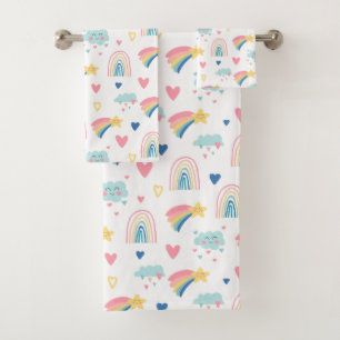 Cute Rainbow Hearts & Clouds Pattern Bath Towel Set