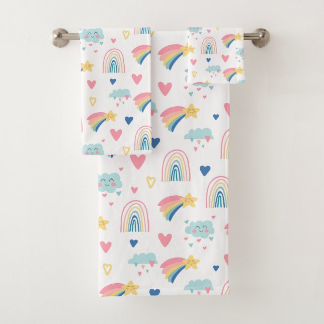 Cute Rainbow Hearts & Clouds Pattern Bath Towel Set (Insitu)