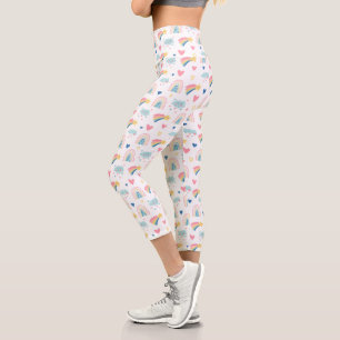Cute Rainbow Hearts & Clouds Pattern Capri Leggings