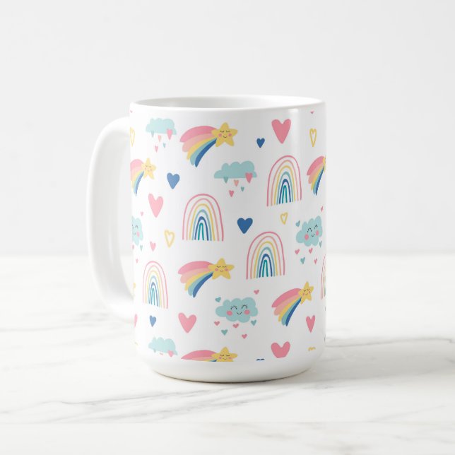 Cute Rainbow Hearts & Clouds Pattern Coffee Mug (Front Left)