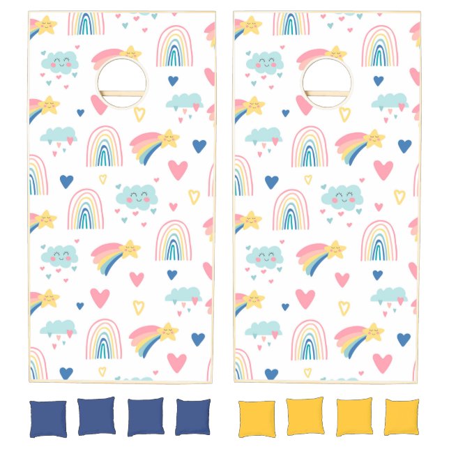 Cute Rainbow Hearts & Clouds Pattern Cornhole Set (Set)