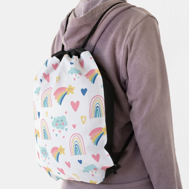 Cute Rainbow Hearts & Clouds Pattern Drawstring Bag (Insitu)