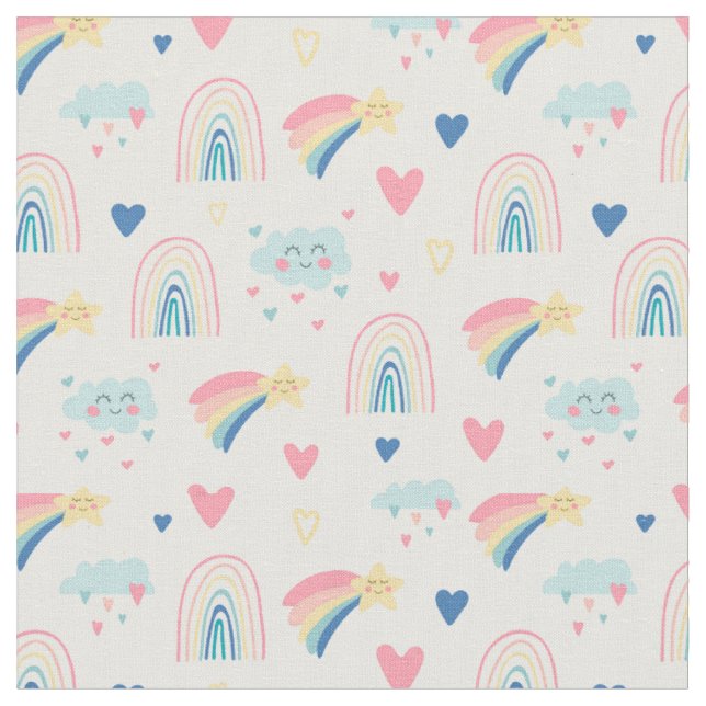 Cute Rainbow Hearts & Clouds Pattern Fabric (Close Up)