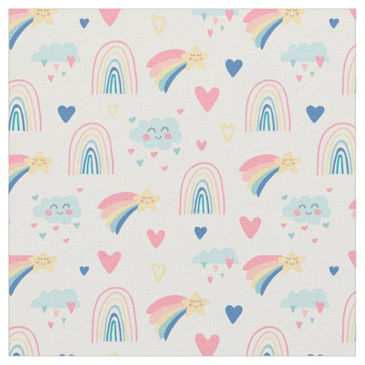 Cute Rainbow Hearts & Clouds Pattern Fabric