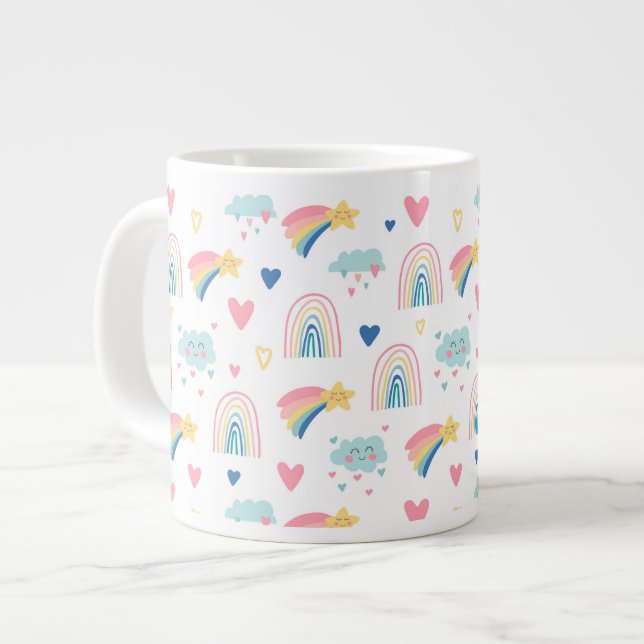Cute Rainbow Hearts & Clouds Pattern Giant Coffee Mug (Front Left)