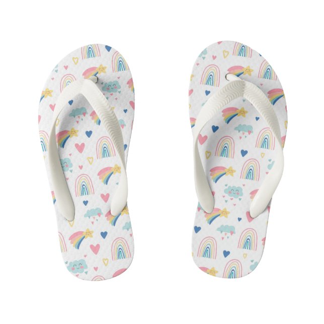 Cute Rainbow Hearts & Clouds Pattern Kid's Flip Flops (Footbed)