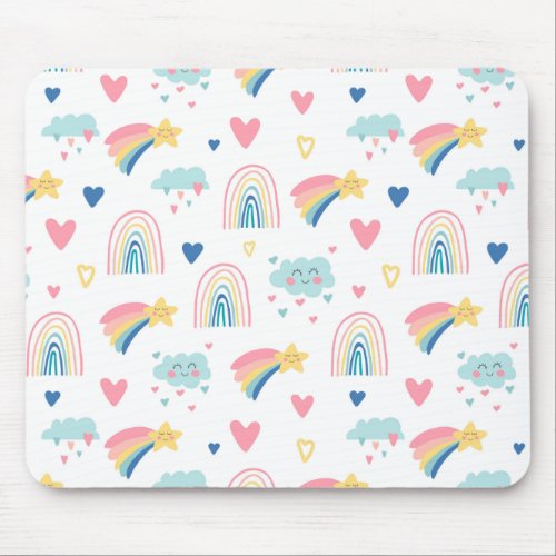 Cute Rainbow Hearts  Clouds Pattern Mouse Pad