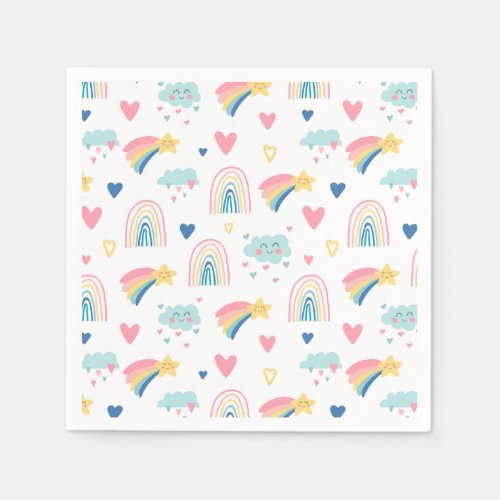 Cute Rainbow Hearts  Clouds Pattern Napkins