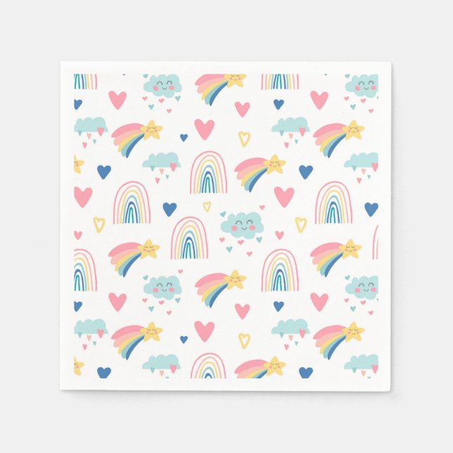 Cute Rainbow Hearts & Clouds Pattern Napkins (Front)