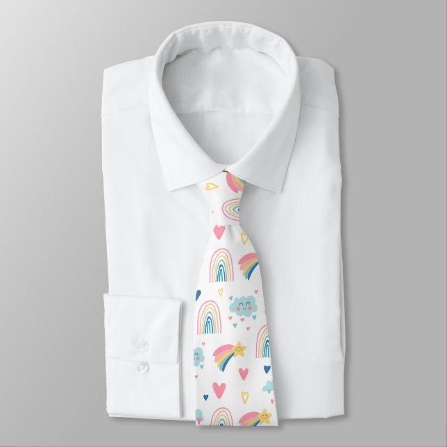 Cute Rainbow Hearts & Clouds Pattern Neck Tie (Tied)