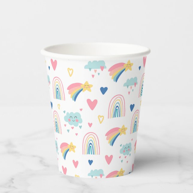 Cute Rainbow Hearts & Clouds Pattern Paper Cups (Front)