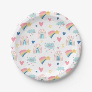 Cute Rainbow Hearts & Clouds Pattern Paper Plates