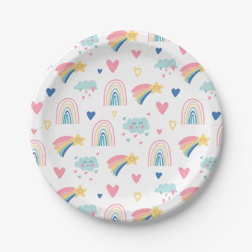 Cute Rainbow Hearts  Clouds Pattern Paper Plates