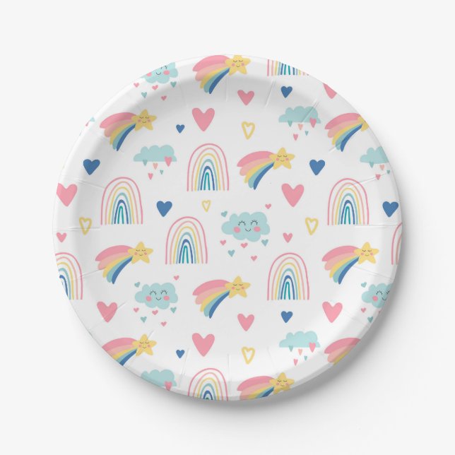 Cute Rainbow Hearts & Clouds Pattern Paper Plates (Front)