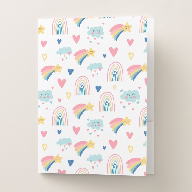 Cute Rainbow Hearts & Clouds Pattern Pocket Folder (Front)