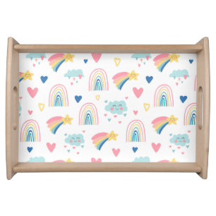 Cute Rainbow Hearts & Clouds Pattern Serving Tray