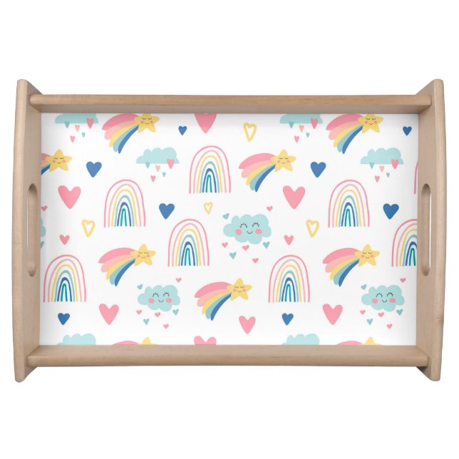 Cute Rainbow Hearts & Clouds Pattern Serving Tray (Front)