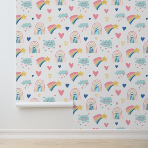 Cute Rainbow Hearts  Clouds Pattern Wallpaper