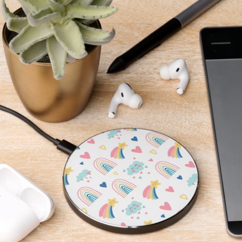 Cute Rainbow Hearts  Clouds Pattern Wireless Charger