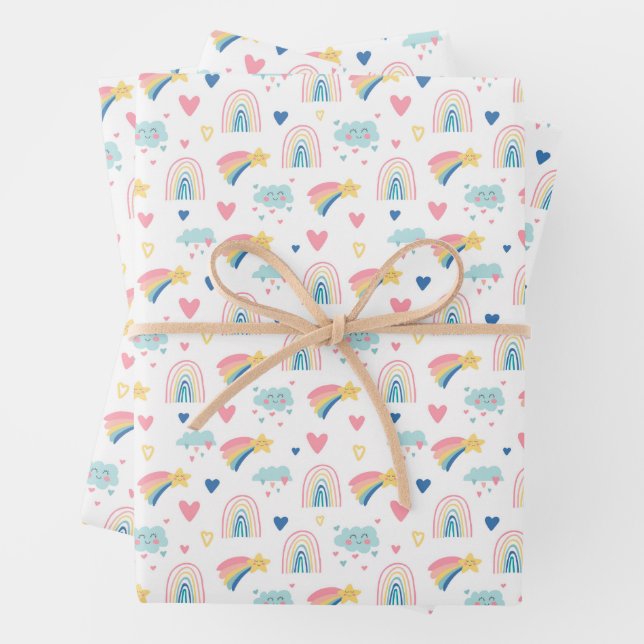 Cute Rainbow Hearts & Clouds Pattern Wrapping Paper Sheets (In situ)