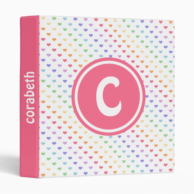 Cute Rainbow Hearts Monogram 3 Ring Binder (Front/Spine)