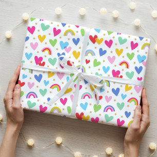 Cute Rainbow Hearts Stars Celebration Valentines Wrapping Paper