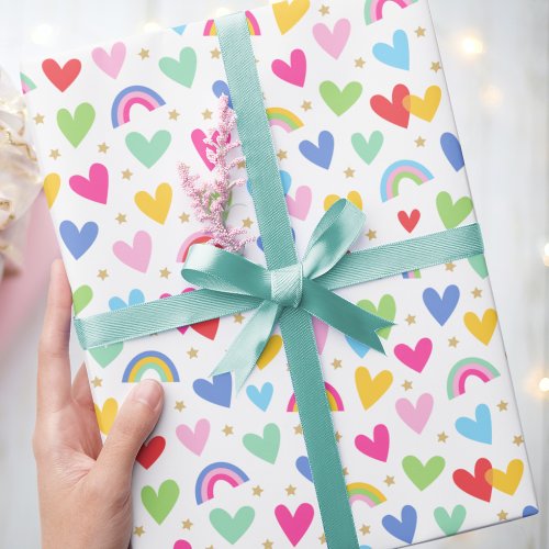Cute Rainbow Hearts Stars Celebration Wrapping Paper