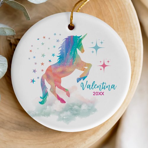 Cute rainbow holographic unicorn holiday keepsake ceramic ornament