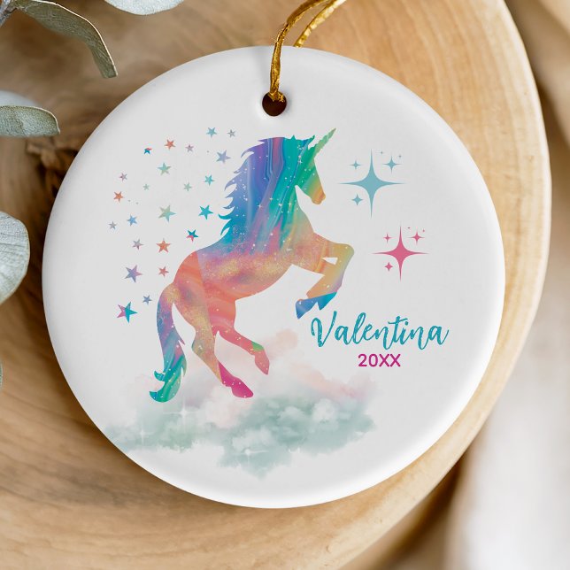 Cute rainbow holographic unicorn holiday keepsake ceramic ornament (Creator Uploaded)