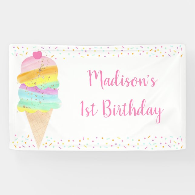 Cute Rainbow Ice Cream Birthday Banner (Horizontal)