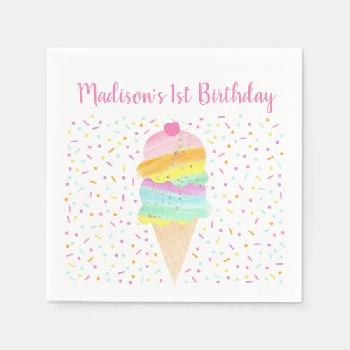 Cute Rainbow Ice Cream Birthday Napkins