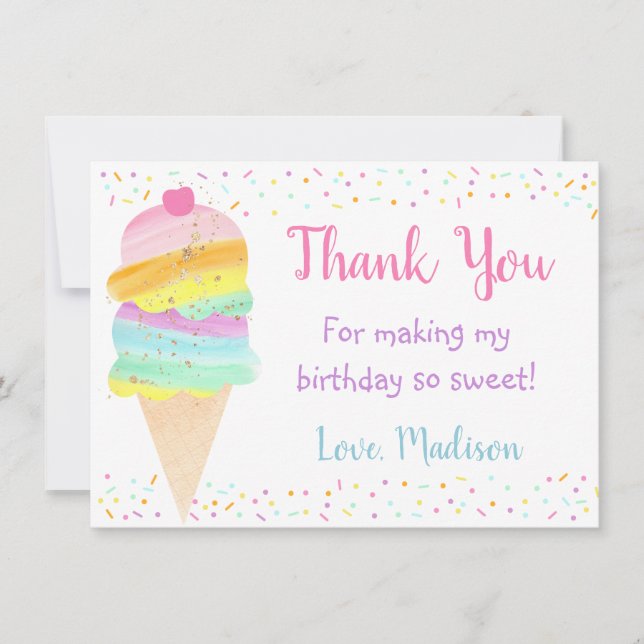 Cute Rainbow Ice Cream Birthday Thank You (Front)