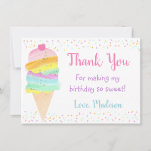 Cute Rainbow Ice Cream Birthday Thank You Card
