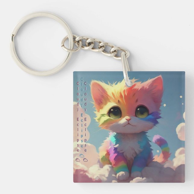 Cute Rainbow Kitten Upon a Cloud Keychain (Front)
